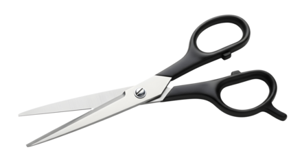 Sharp Scissors: A close-up view of open scissors with sleek, black handles, ready for a precise cut, symbolizing efficiency and control.