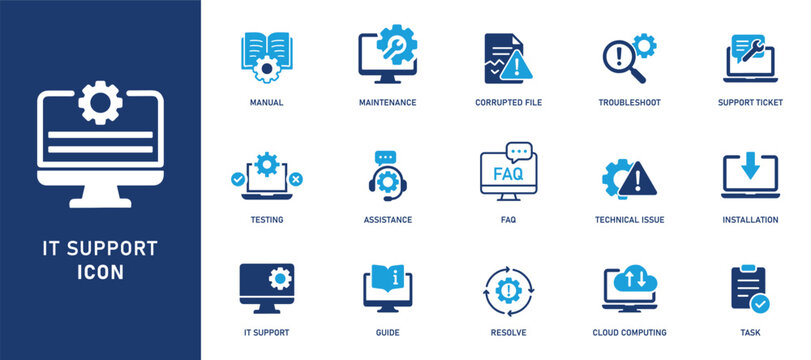 sets of IT support and troubleshooting icons, including, maintenance, installation, guide, cloud computing, FAQ 