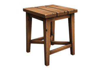 Small rustic wooden stool with slatted seat and cross bracing, isolated on transparent background