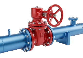 Industrial fluid control apparatus features a prominent red handwheel valve connected to a blue pipeline assembly
