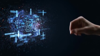 A human finger points at a vibrant 5G graphic floating against a dark background, representing technology and connectivity - Powered by Adobe