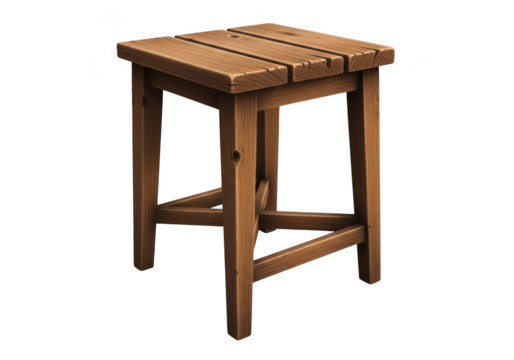 Small rustic wooden stool with slatted seat and cross bracing, isolated on transparent background