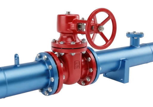 Industrial fluid control apparatus features a prominent red handwheel valve connected to a blue pipeline assembly