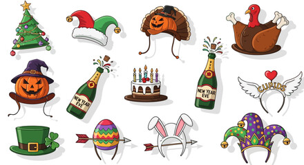 Collection of holiday-themed headwear and festive decorations for various celebrations