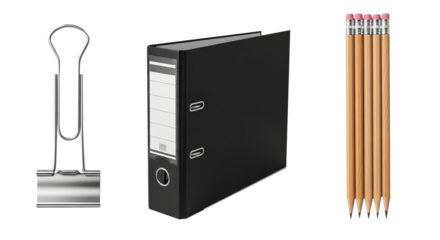 Office Supplies Assortment: A curated collection of essential office supplies includes a sturdy black binder, a versatile binder clip, and a set of sharpened pencils.