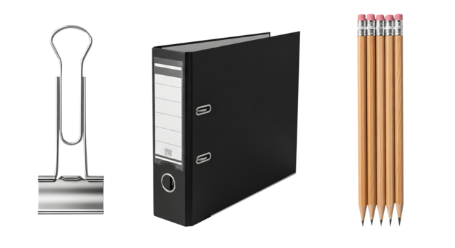 Office Supplies Assortment: A curated collection of essential office supplies includes a sturdy black binder, a versatile binder clip, and a set of sharpened pencils.