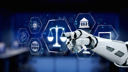 A robotic hand points at legal symbols, representing the intersection of artificial intelligence and law, emphasizing innovation and technological transformation in the legal field. Synapse