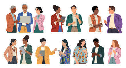 Diverse business people communicating in pairs, using laptops, tablets, phones. Modern flat style, smart-casual outfits, teamwork, collaboration, office interaction scenes. Vector illustration