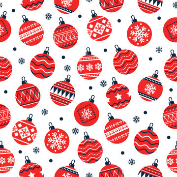 Christmas seamless pattern. with red christmas ball on white background. Design for textiles, gift wrapping paper, wallpaper. Vector illustration