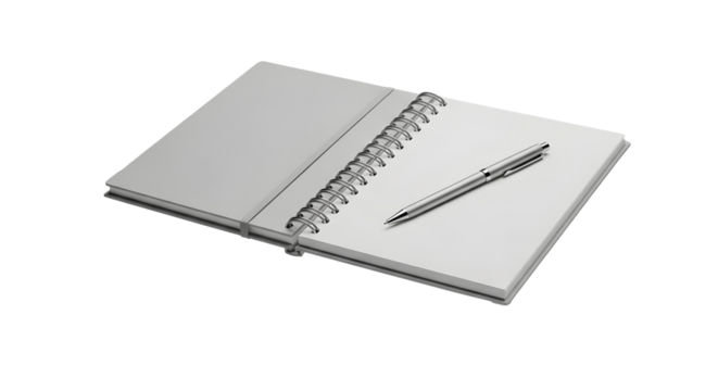 Notebook and Pen: A spiral-bound notebook lies open, a pen resting ready on its blank pages, symbolizing readiness, ideas and thoughts.