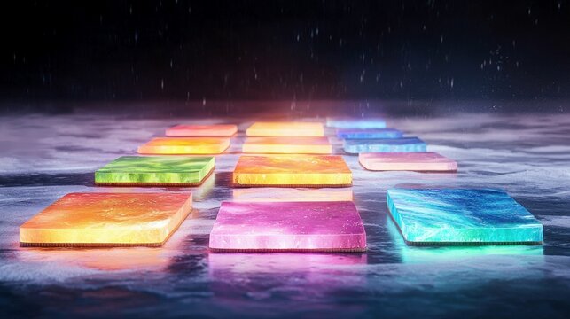 A row of illuminated, translucent rectangular platforms in various vibrant colors, arranged on a reflective, wet surface. Raindrops are visible falling from a d
