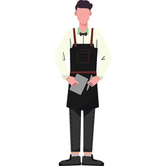 Person in Black Apron and White Shirt Holding Notepad and Pen with Dark Trousers and Black Shoes Transparent Background