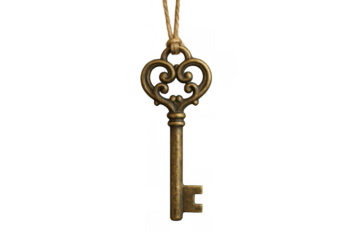 Vintage ornate bronze key hanging from a string, antique object symbol for secret, access or mystery