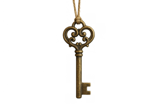 Vintage ornate bronze key hanging from a string, antique object symbol for secret, access or mystery