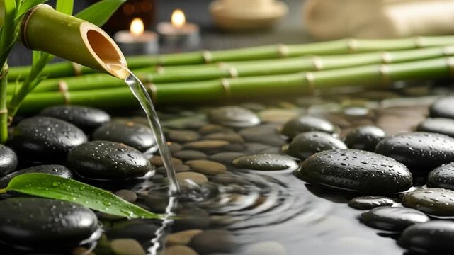 Serene spa setting featuring a bamboo water fountain pouring onto black zen stones with soft candlelight