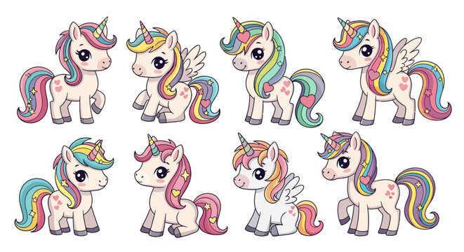 A charming collection of cute cartoon unicorns with rainbow manes, vector illustration set of magical pony characters