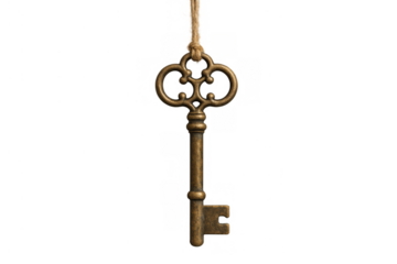 Antique skeleton key hanging on a string, symbolizing secrecy, security, and opportunity, with transparent background
