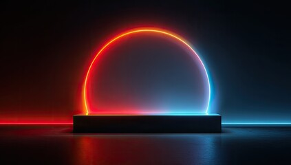 Neon circle arch on dark pedestal