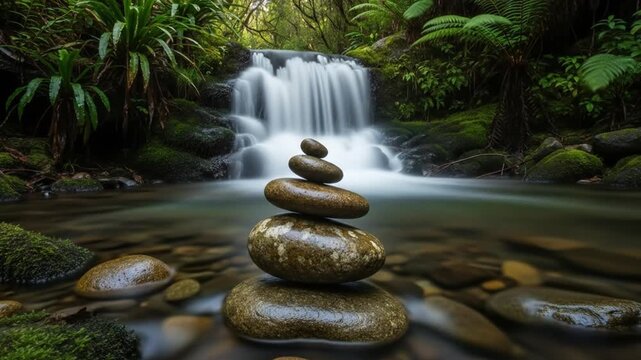 Balanced zen stones stacked in a tranquil river with a serene, cascading waterfall in a lush green forest