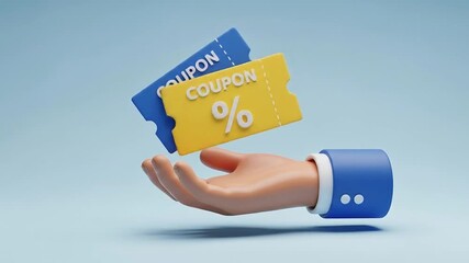 3D Rendered Hand Holding Digital Coupons, Symbolizing Online Shopping Discounts, Promotional Offers, and Customer Savings Opportunities