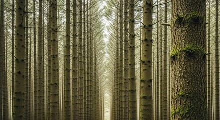 Serene and atmospheric view through a dense coniferous forest with tall trees growing in perfect rows, creating a natural vanishing point perspective