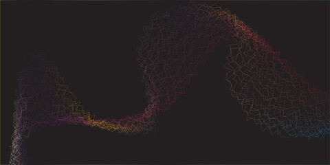 An abstract, dark digital background featuring a sinuous, wavy band composed of a dense collection of interconnected, thin, jagged, and faintly glowing lines that transition smoothly through a vibrant