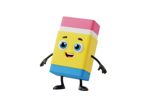 Cute cartoon 3D of a happy yellow and pink eraser character with arms and legs isolated on transparent background