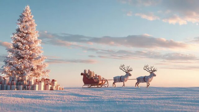 Whimsical Christmas Scene with Santa Sleigh and Reindeer in Snowy Landscape at Sunset