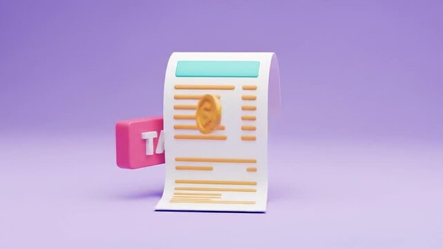3D Rendered Financial Document, Receipt, or Bill with Golden Coin and 'TAX' Block, Symbolizing Online Accounting, Payments, Expenses, and Budget Management