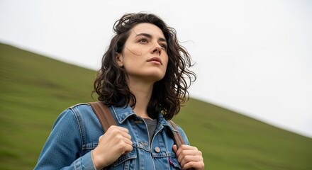 A thoughtful young woman in a denim jacket with a backpack looks up with a hopeful expression while hiking on a scenic green hill on an overcast day
