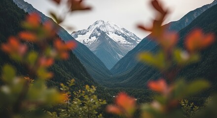 A serene and majestic view of a snow-capped mountain peak framed by colorful blurred foliage, overlooking a deep, forested valley on a calm, overcast day
