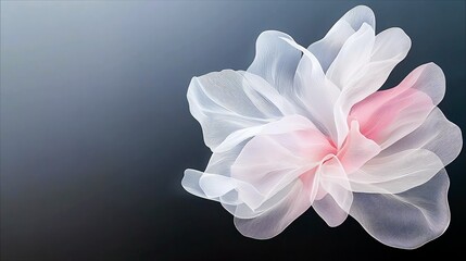 A close-up, ethereal view of delicate, layered translucent petals in white and soft pink, forming a flower shape against a dark, moody gradient background.