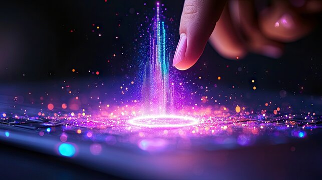 A finger interacts with a digital projection, causing a cascade of light particles and a glowing ring to appear.