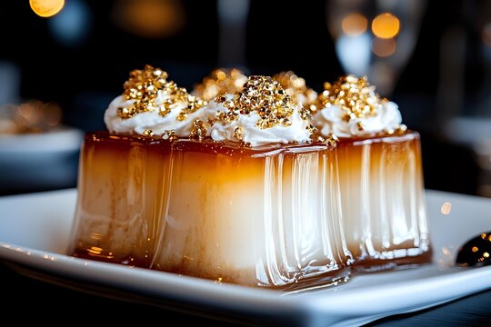 Elegant caramel flan dessert topped with whipped cream and gold sprinkles, served on white plate in upscale restaurant with bokeh background. - Powered by Adobe