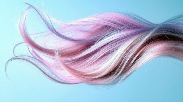 A close-up, abstract shot of a strand of hair with multiple pastel colors, including pink, purple, and white, flowing in gentle waves against a solid light blue