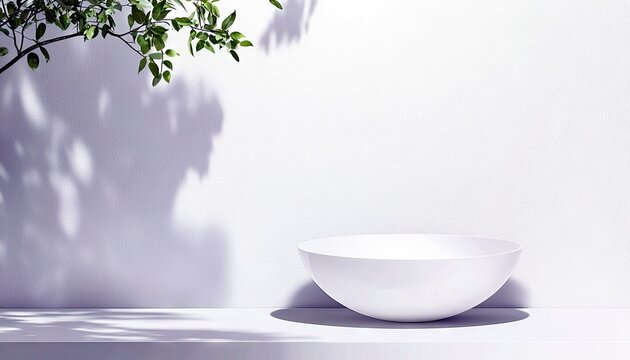 A clean white bowl sits on a white shelf, bathed in soft natural light. Green leaves cast dappled shadows on the textured white wall behind it, creating a seren