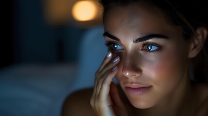 Young woman with striking blue eyes illuminated by soft light in dark environment, touching her face gently. Conveys emotion and intimacy in night setting.