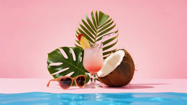 Tropical drink with coconut and leaf