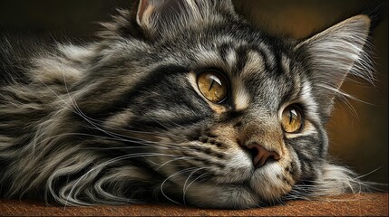 Close-up portrait of a Maine Coon cat with amber eyes and silver tabby fur resting on wooden surface against dark background.
