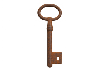Rusty vintage skeleton key standing vertically, an old metal artifact showing decay and history, transparent background