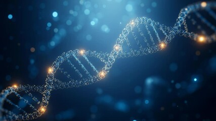 Glowing DNA helix close-up reveals intricate molecular structure bathed in teal and amber light, suspended particles creating cinematic bokeh. Macro animation - Powered by Adobe
