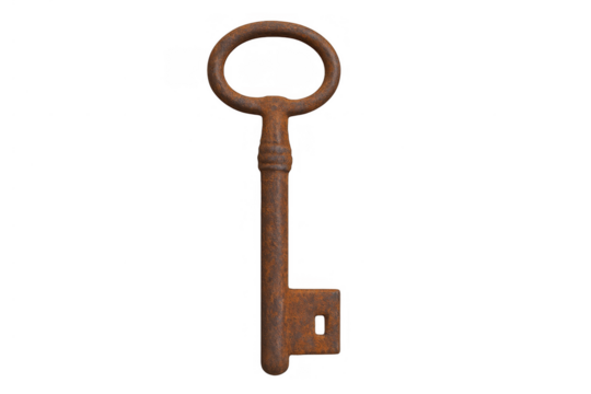 Rusty vintage skeleton key standing vertically, an old metal artifact showing decay and history, transparent background