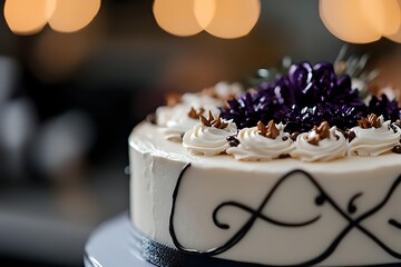 Elegant white cake with decorative black piping, topped with whipped cream swirls, chocolate shavings and fresh blueberries against blurred bokeh lights.