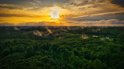 A high-altitude aerial photograph capturing a sunrise above a vast forest with golden morning mist drifting through the treetops