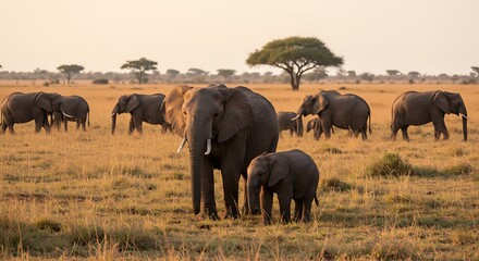 Herd of African elephants grazing on golden savanna, under a warm sunset sky
