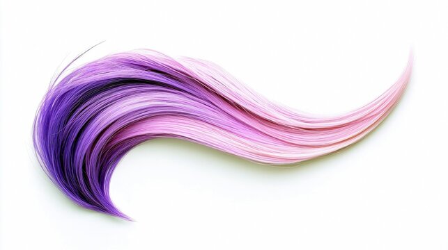 A single strand of hair with a gradient of deep purple to light pink, gracefully curved on a white background.