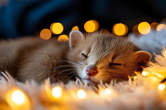 Adorable ginger kitten sleeping peacefully surrounded by warm golden bokeh lights on soft fuzzy blanket, creating cozy holiday atmosphere.