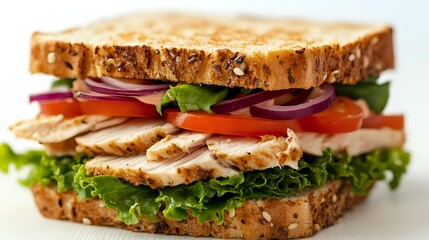Freshly made grilled chicken sandwich with lettuce, tomato, and red onion on toasted multigrain bread, perfect for a healthy lunch option.
