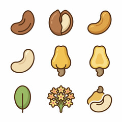 Cashew Fruit and Nut Icon Set – Cartoon Cashew Nut, Seed, Leaf, Flower Illustrations