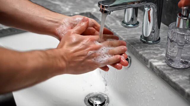 Human hand adjusting modern chrome faucet over white ceramic sink basin with marble countertop